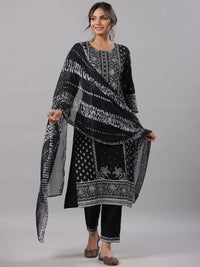 Thumbnail for Juniper Women Black Rayon Staple Kalamkari Printed Kurta, Pants and Dupatta Set - Distacart