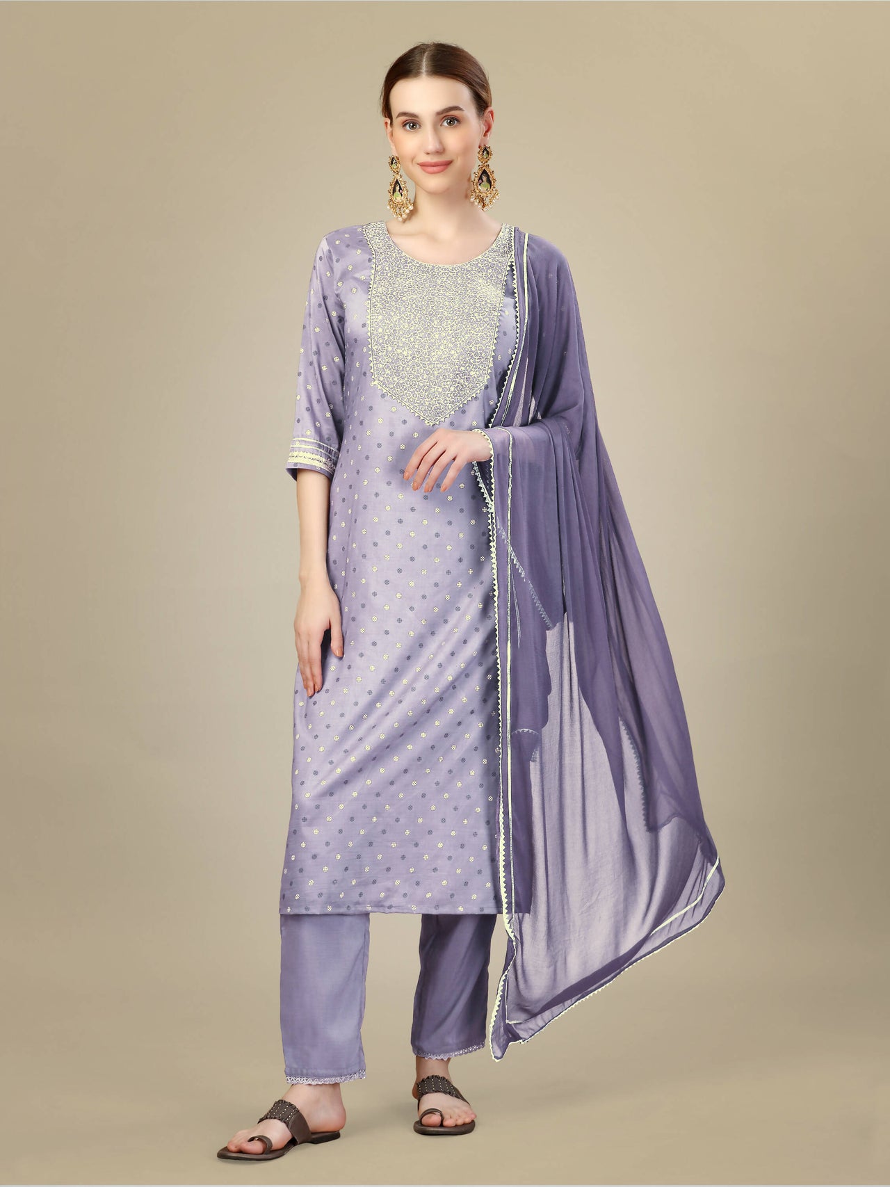 Aastha Fashion Women's Lavender Silk Blend Embroidery & Sequence Work Kurta with Trouser & Dupatta - Distacart