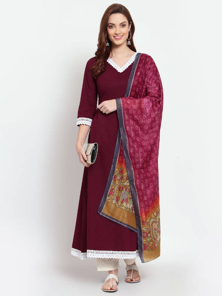 Myshka Women's Burgandy Printed Cotton Full Sleeve V Neck Casual Kurta Dupatta Set