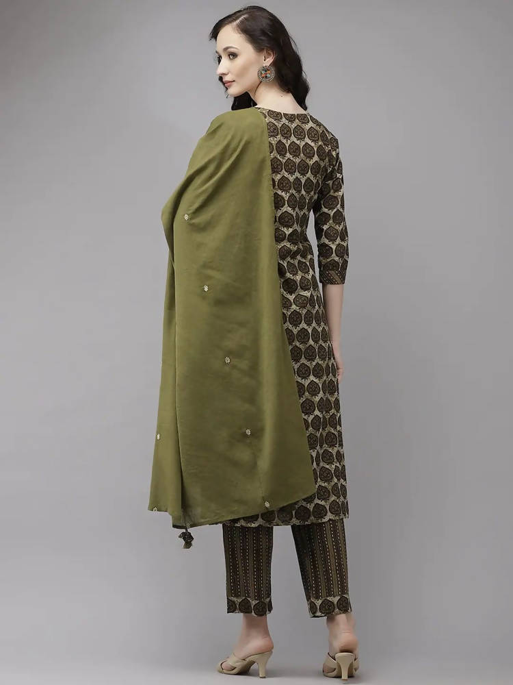 Yufta Women Olive Green Regular Pure Cotton Kurta with Palazzo & With Dupatta