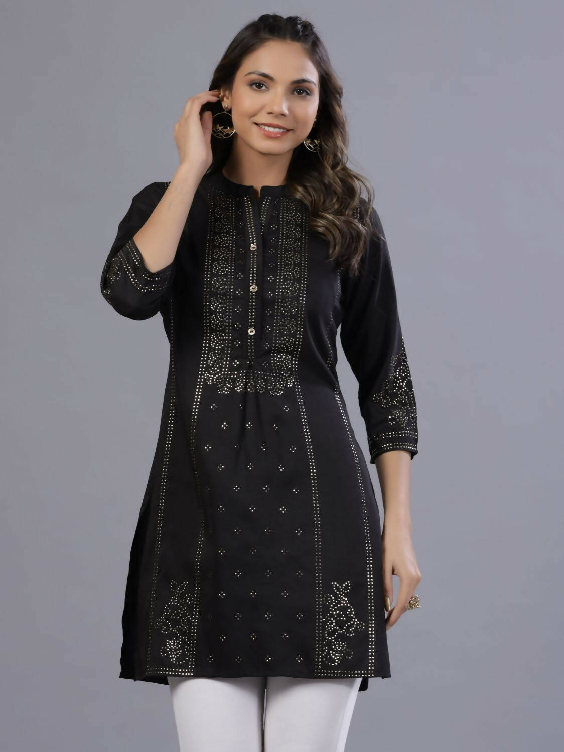 Juniper Women Black Chinon Silk Mukesh Work Straight Tunic - Distacart