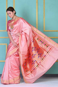 Thumbnail for Very Much Indian Traditional Pretty Peach Pure Silk Double Pallu Paithani With Designer Peacocks Pallu - Distacart