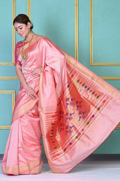 Very Much Indian Traditional Pretty Peach Pure Silk Double Pallu Paithani With Designer Peacocks Pallu - Distacart