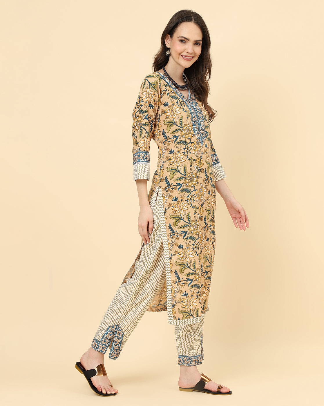 Varanga Women Gold Viscose Rayon Printed Regular Kurta With Trousers & Dupatta - Distacart