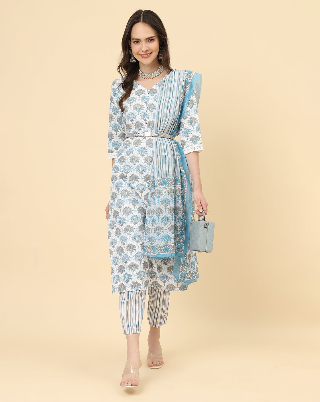 Varanga Women White Viscose Rayon Printed Regular Kurta With Trousers & Dupatta - Distacart