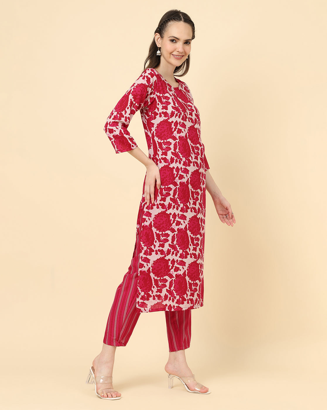 Varanga Women Red Viscose Rayon Printed Regular Kurta With Trousers & Dupatta - Distacart