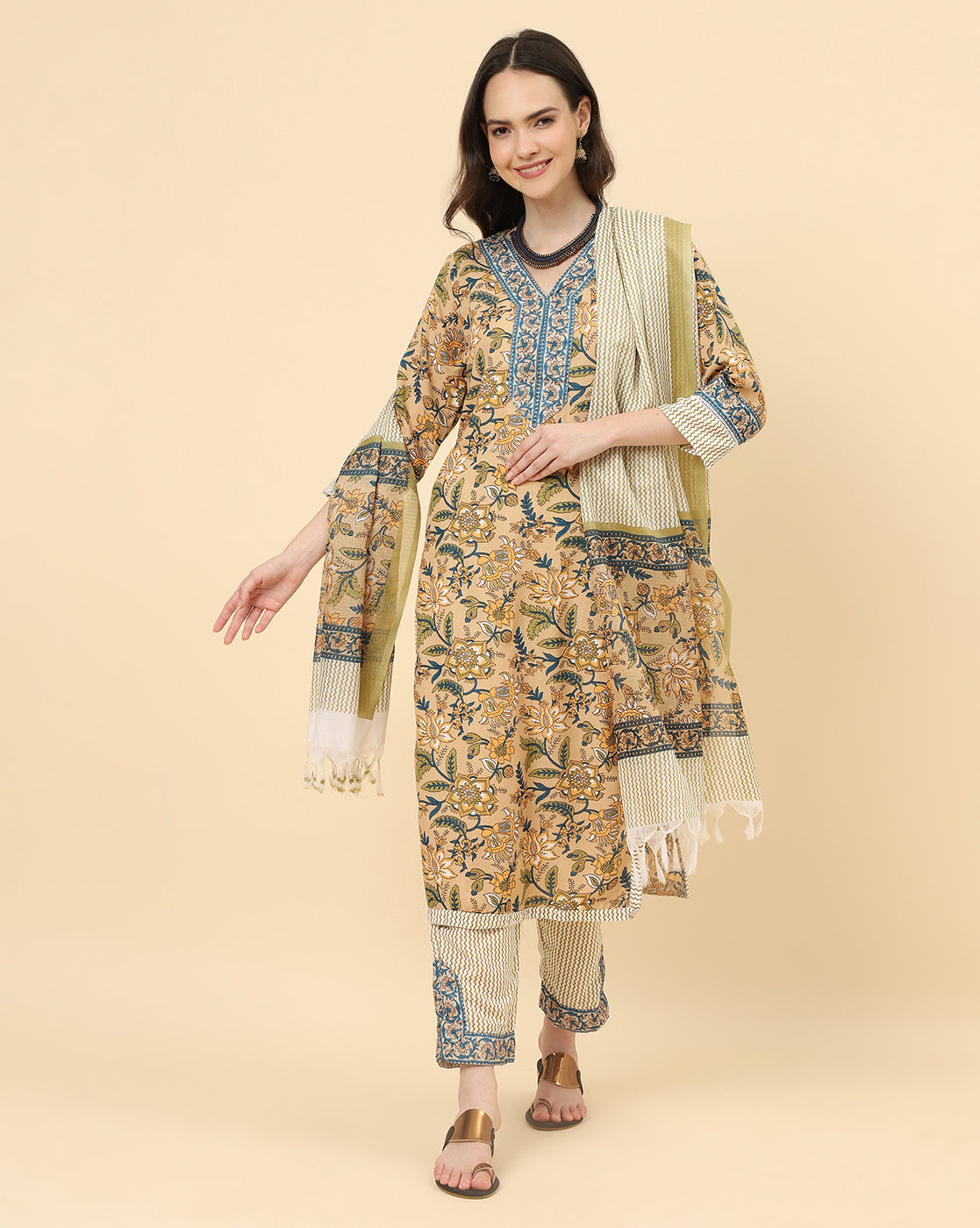 Varanga Women Gold Viscose Rayon Printed Regular Kurta With Trousers & Dupatta - Distacart