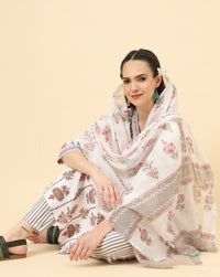 Thumbnail for Varanga Women White Viscose Rayon Printed Regular Kurta With Trousers & Dupatta - Distacart