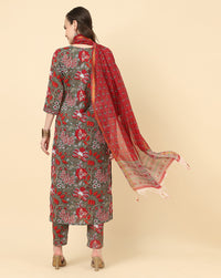 Thumbnail for Varanga Women Grey Viscose Rayon Printed Regular Kurta With Trousers & Dupatta - Distacart