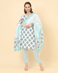 Thumbnail for Varanga Women White Viscose Rayon Printed Regular Kurta With Trousers & Dupatta - Distacart