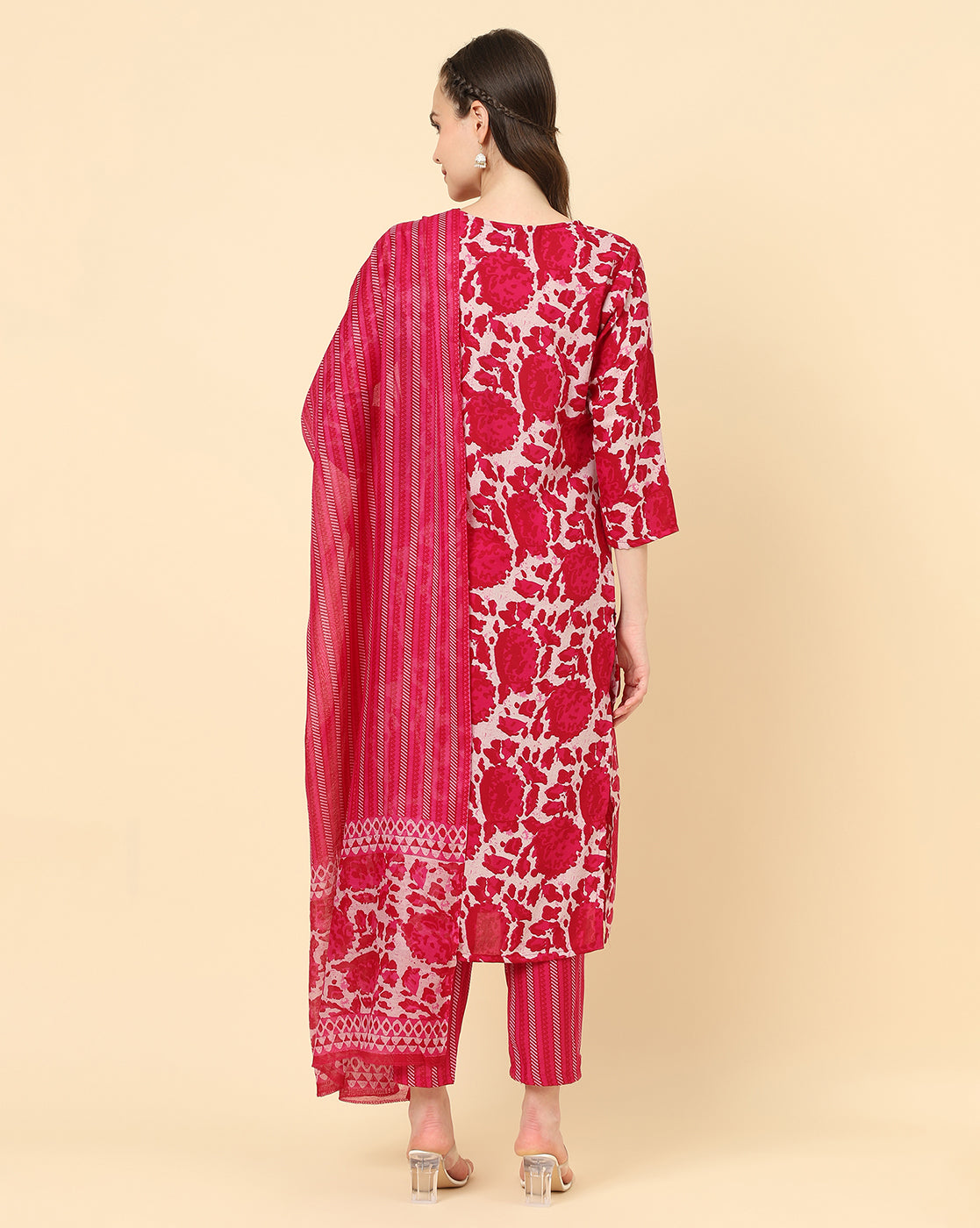 Varanga Women Red Viscose Rayon Printed Regular Kurta With Trousers & Dupatta - Distacart