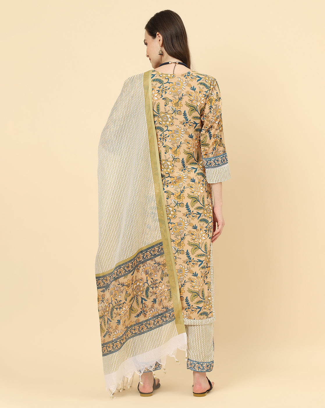 Varanga Women Gold Viscose Rayon Printed Regular Kurta With Trousers & Dupatta - Distacart