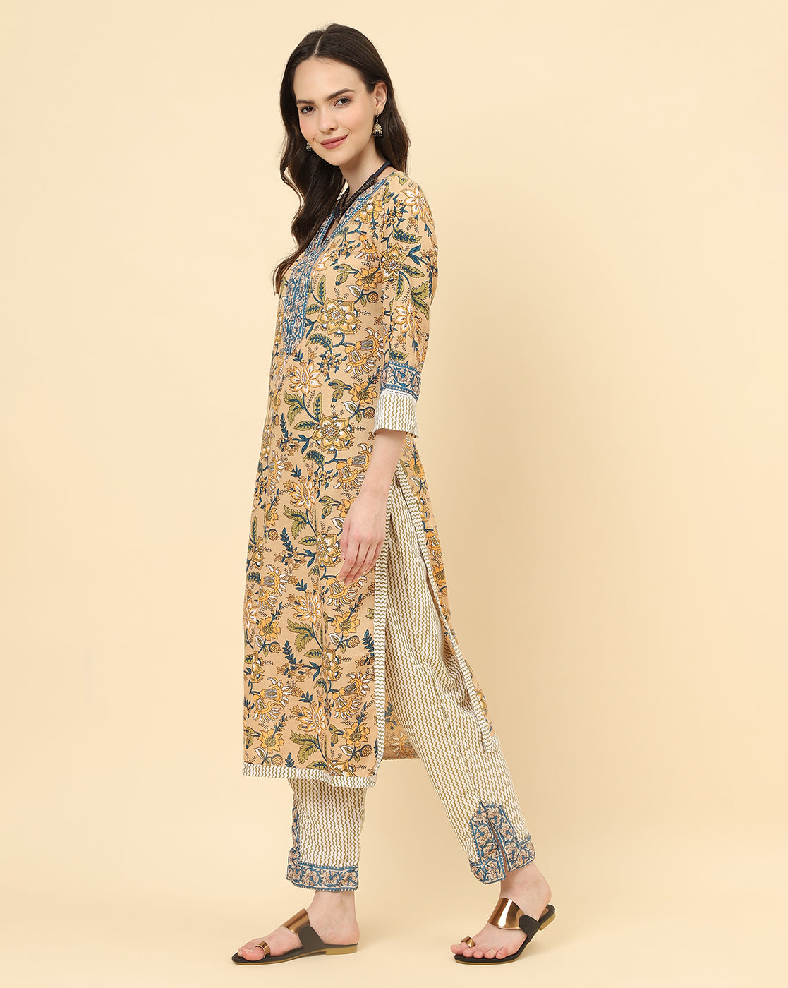 Varanga Women Gold Viscose Rayon Printed Regular Kurta With Trousers & Dupatta - Distacart