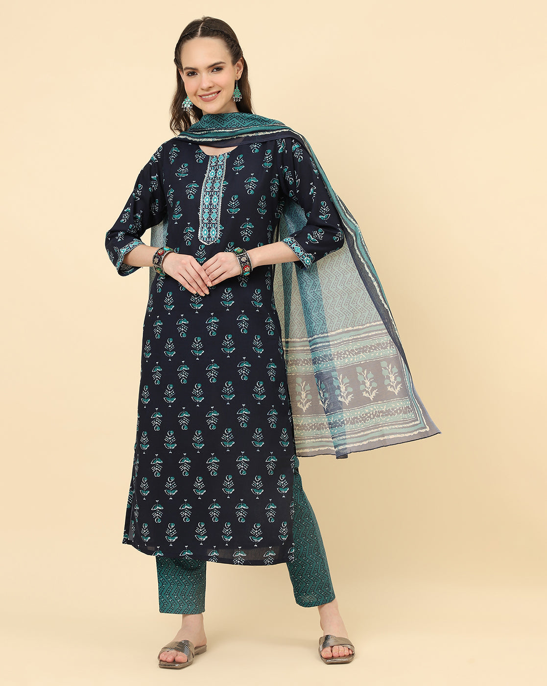 Varanga Women Black Viscose Rayon Printed Regular Kurta With Trousers & Dupatta - Distacart