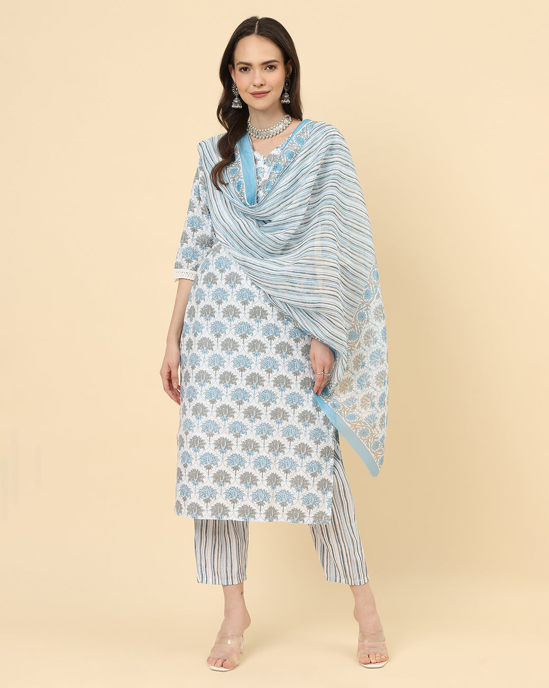 Varanga Women White Viscose Rayon Printed Regular Kurta With Trousers & Dupatta - Distacart