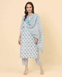 Thumbnail for Varanga Women White Viscose Rayon Printed Regular Kurta With Trousers & Dupatta - Distacart