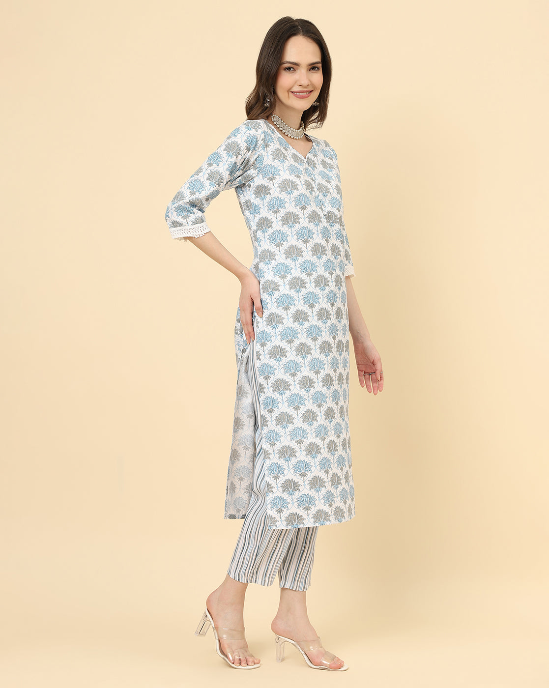 Varanga Women White Viscose Rayon Printed Regular Kurta With Trousers & Dupatta - Distacart