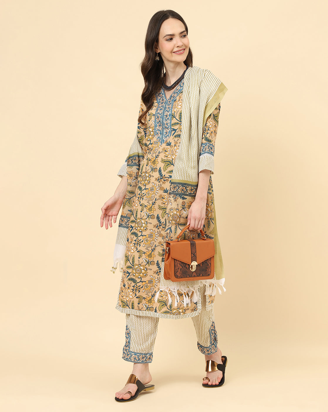 Varanga Women Gold Viscose Rayon Printed Regular Kurta With Trousers & Dupatta - Distacart