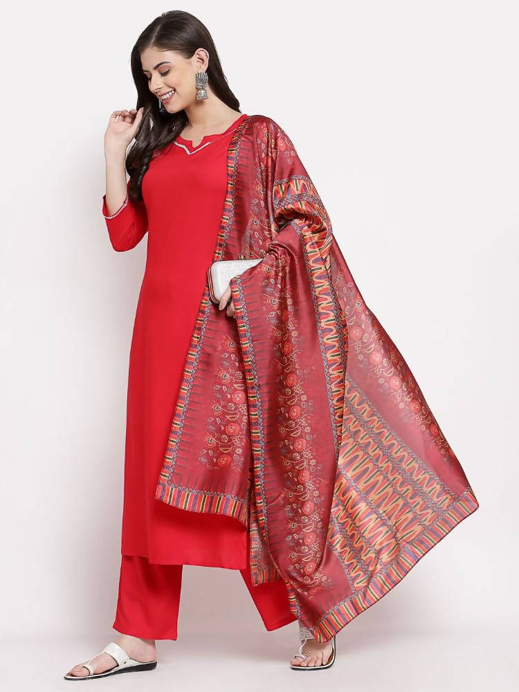 Myshka Women's Latest Red Cotton Solid 3/4 Sleeve Square Neck Casual Kurta Pant Dupatta Set