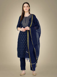 Thumbnail for Aastha Fashion Women's Navy Blue Cotton Magic Slub Embroidery & Sequence Work Kurta with Trouser & Dupatta - Distacart