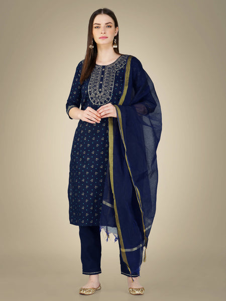 Aastha Fashion Women's Navy Blue Cotton Magic Slub Embroidery & Sequence Work Kurta with Trouser & Dupatta - Distacart