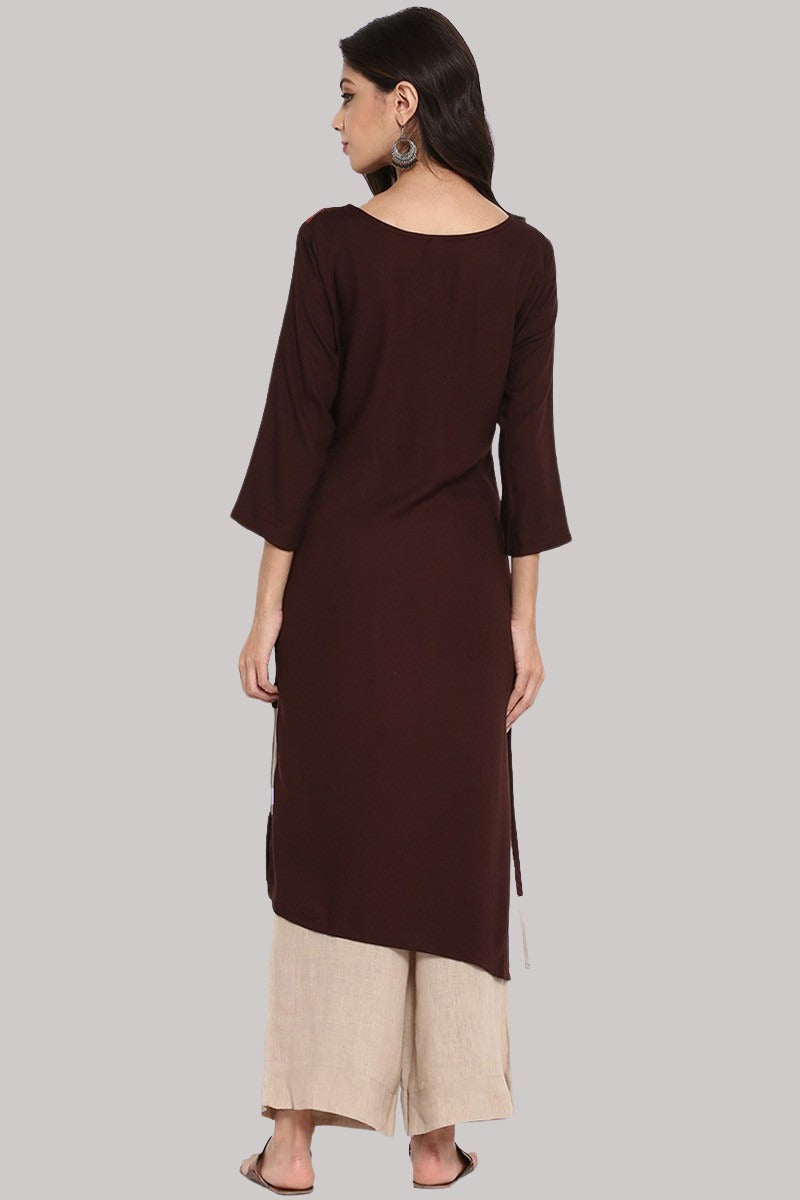 Women's Brown Polyester Colour blocked Straight Kurta - Rasiya - Distacart