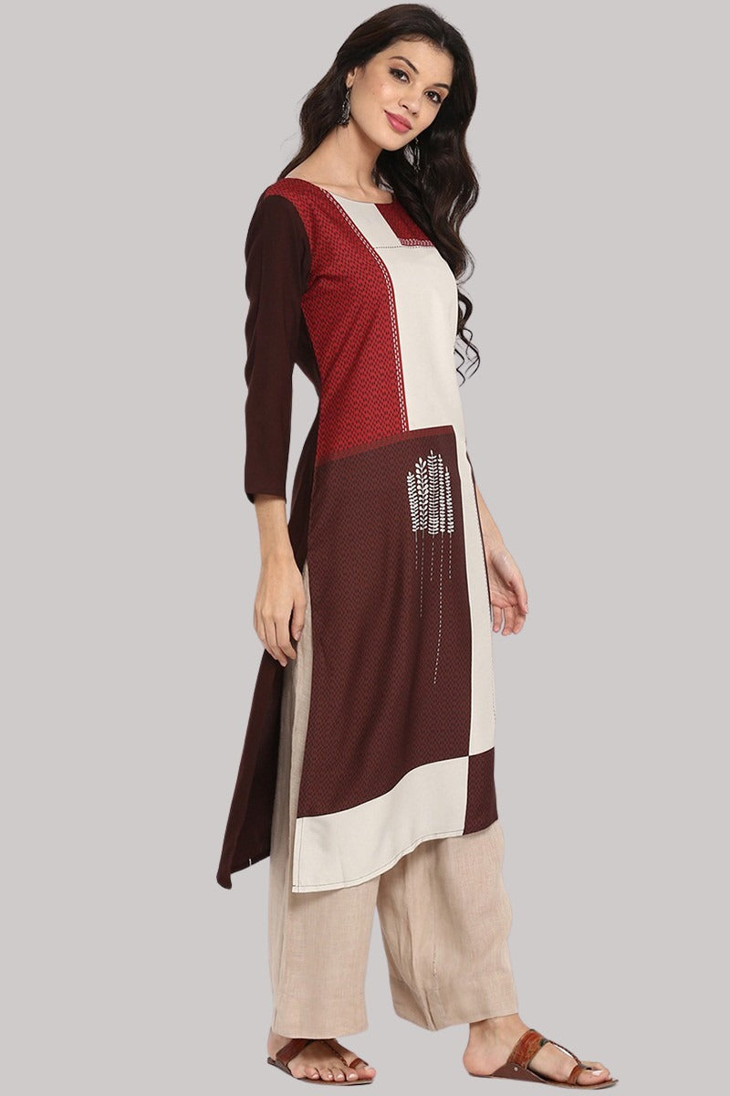 Women's Brown Polyester Colour blocked Straight Kurta - Rasiya - Distacart