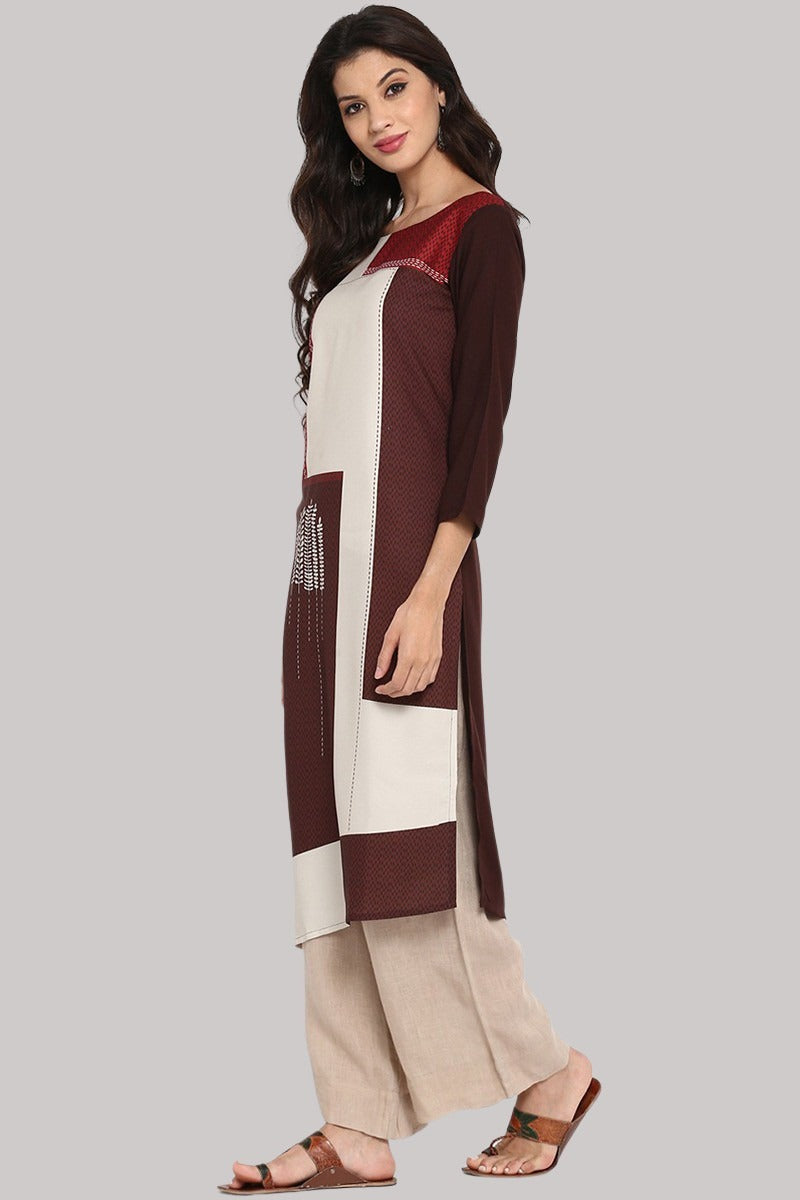 Women's Brown Polyester Colour blocked Straight Kurta - Rasiya - Distacart