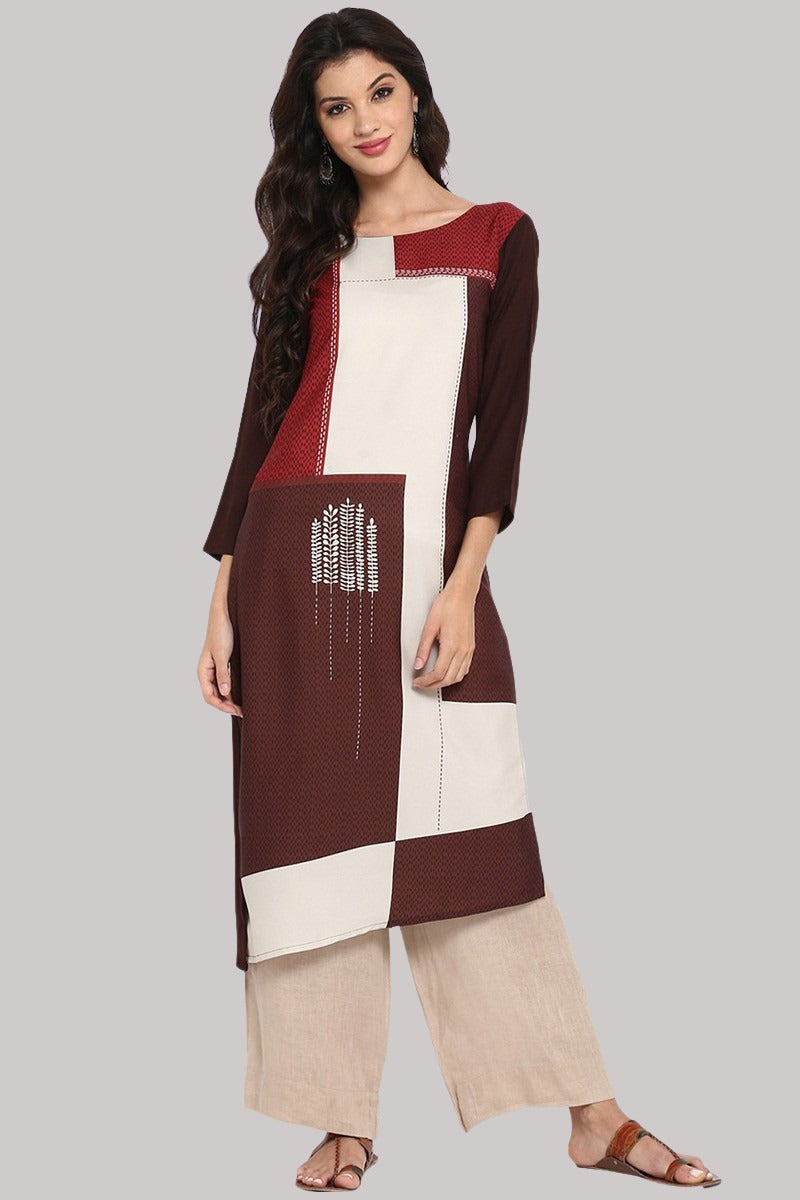 Women's Brown Polyester Colour blocked Straight Kurta - Rasiya - Distacart