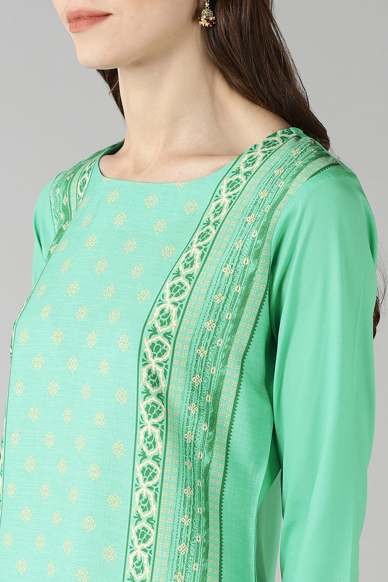 Women's Green Poly Crepe Screen Printed Straight Kurta - Rasiya - Distacart