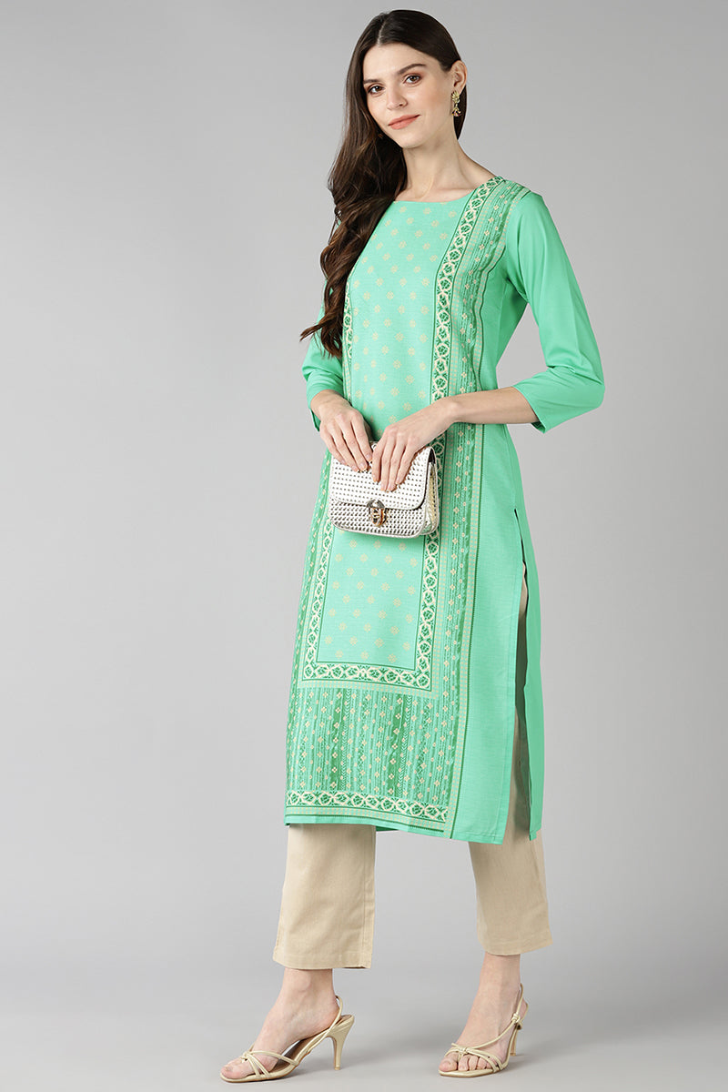 Women's Green Poly Crepe Screen Printed Straight Kurta - Rasiya - Distacart