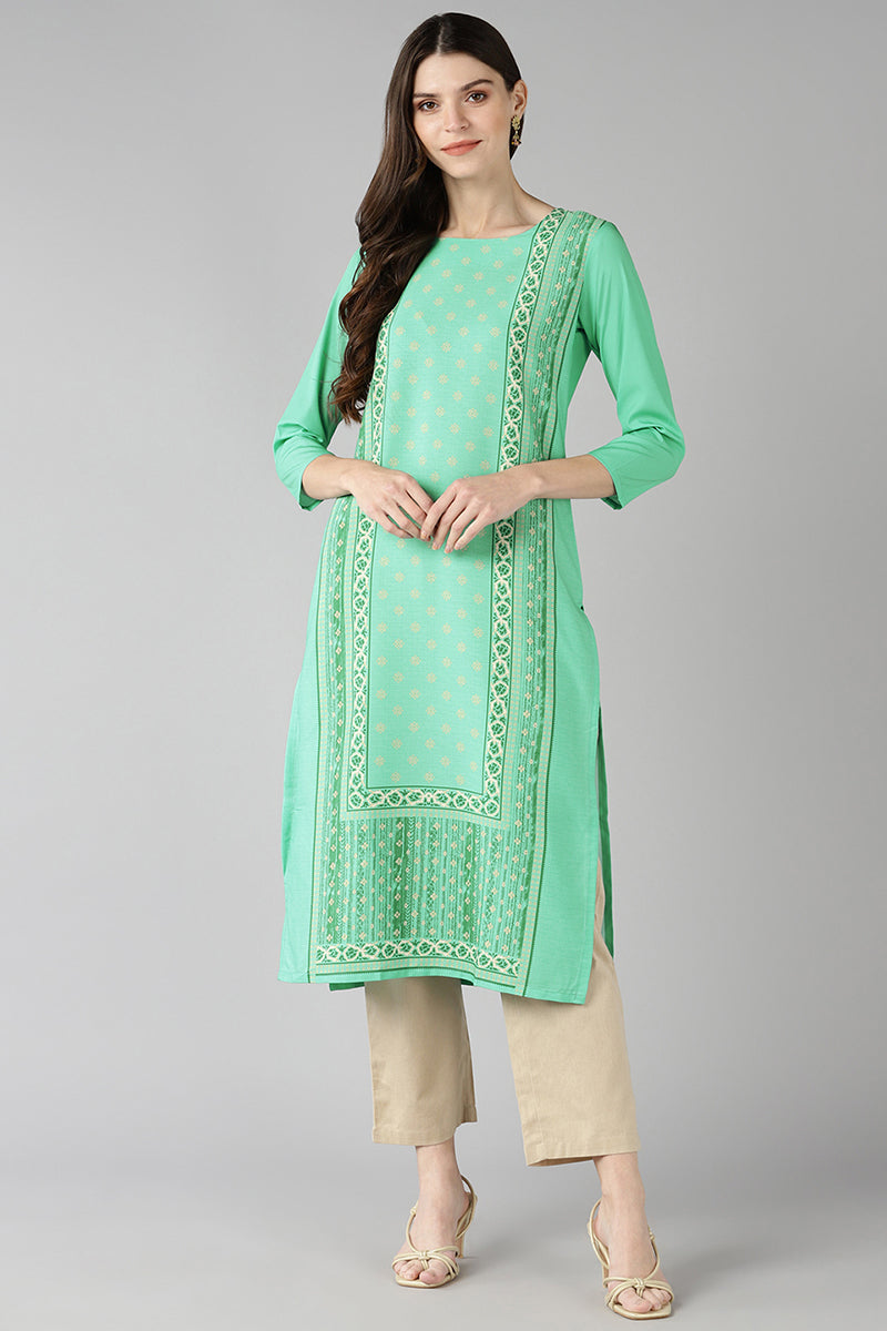 Women's Green Poly Crepe Screen Printed Straight Kurta - Rasiya - Distacart