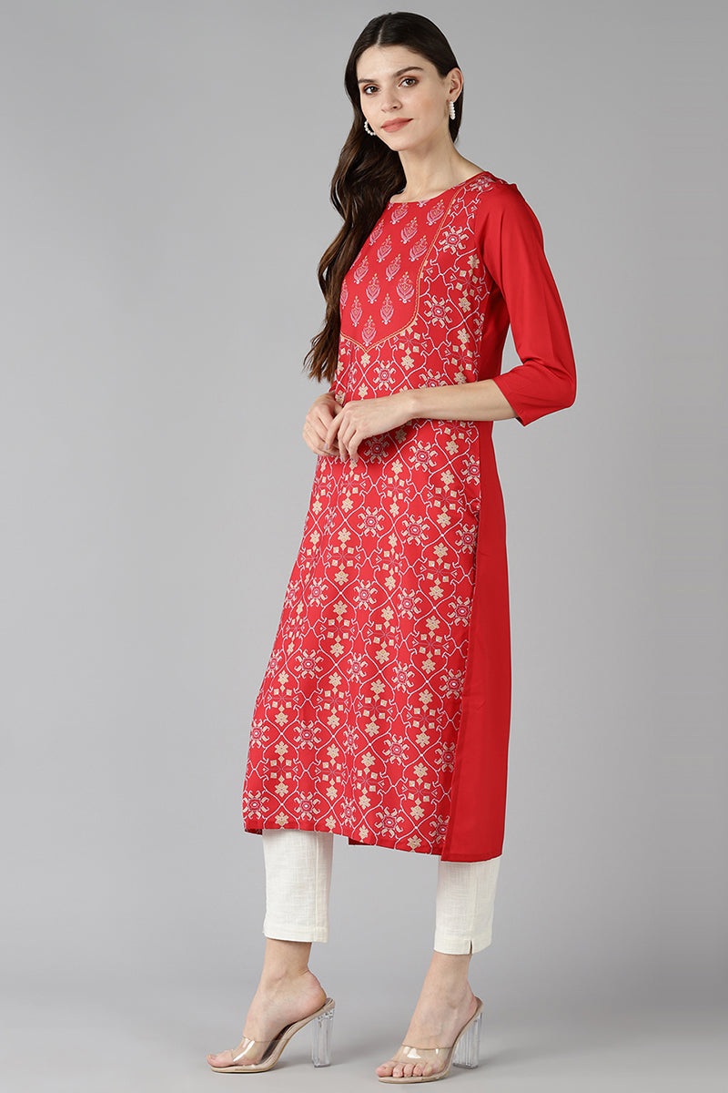 Women's Red Polyester Digital Print Straight Kurta - Rasiya - Distacart