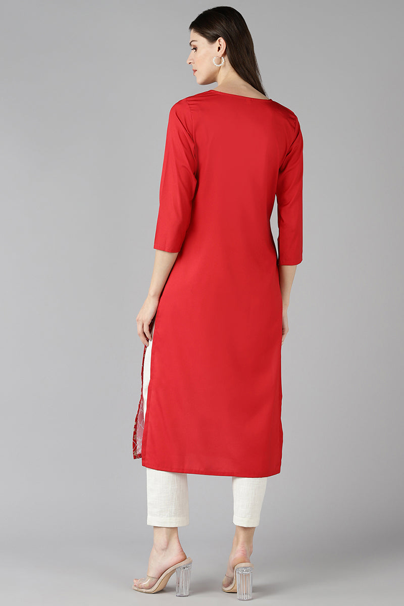 Women's Red Polyester Digital Print Straight Kurta - Rasiya - Distacart