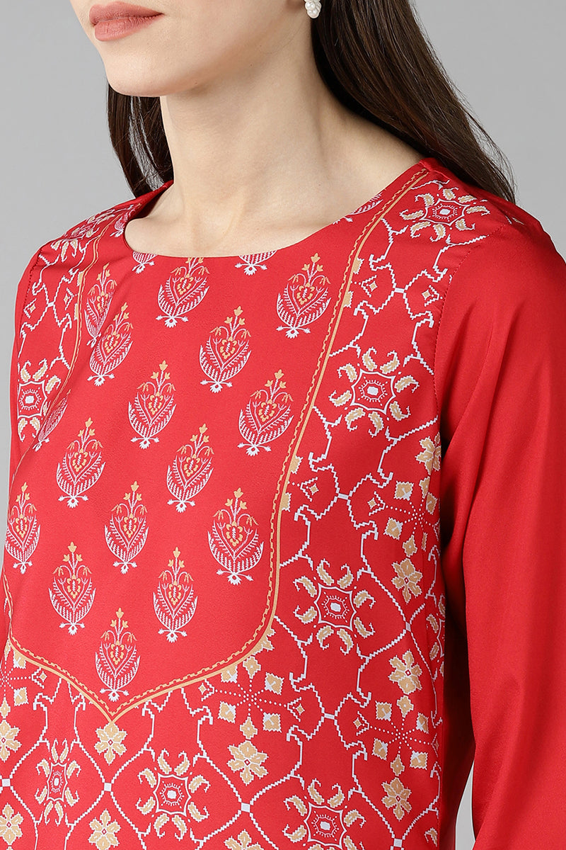 Women's Red Polyester Digital Print Straight Kurta - Rasiya - Distacart