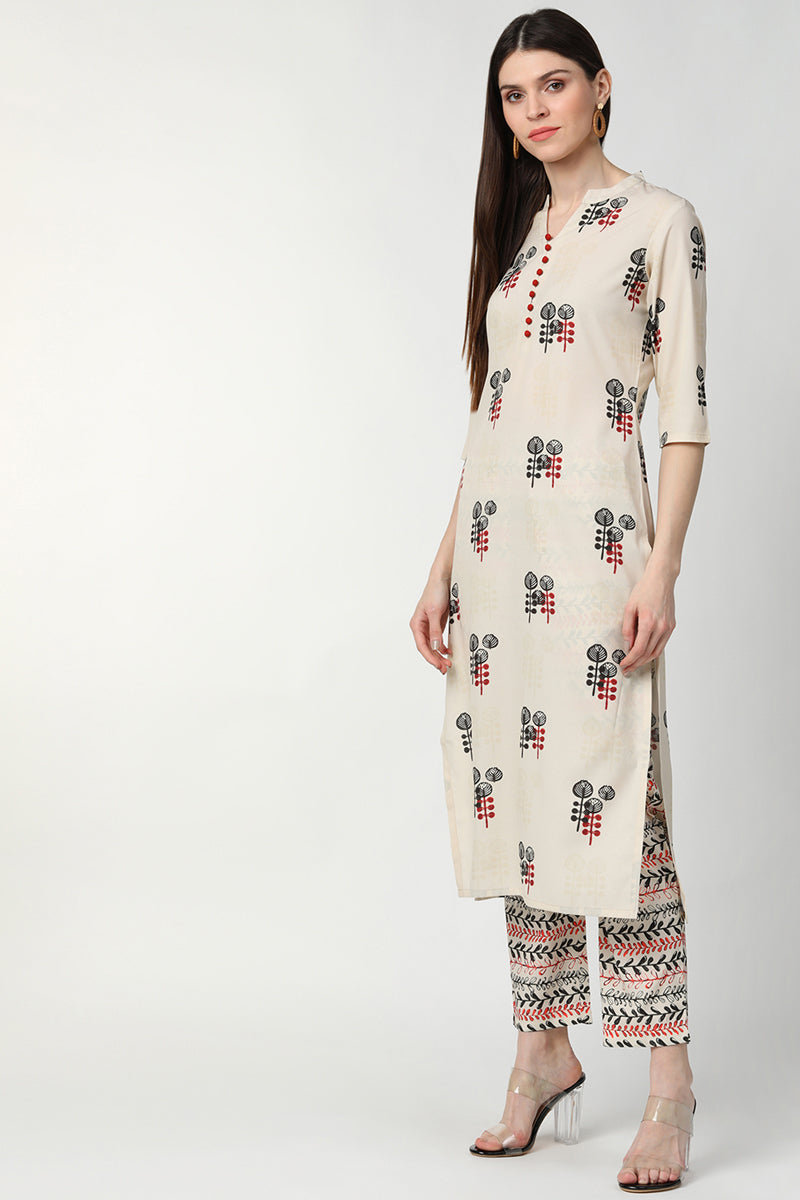 Women's Off White Poly Crepe Printed Kurta Palazzo Set - Rasiya - Distacart