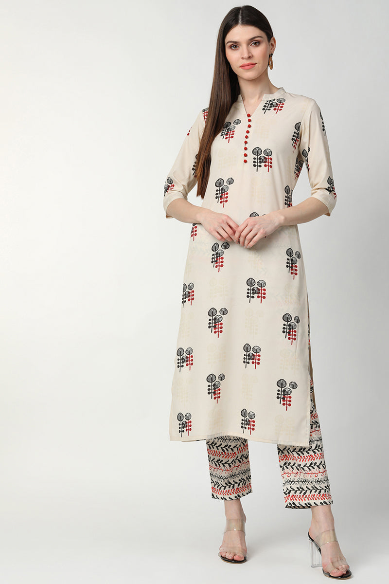 Women's Off White Poly Crepe Printed Kurta Palazzo Set - Rasiya - Distacart