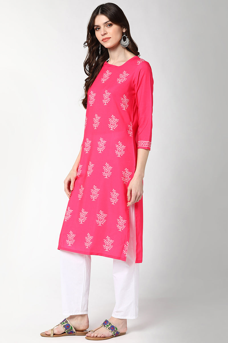 Women's Pink Polyester Floral Print Straight Kurti - Rasiya - Distacart