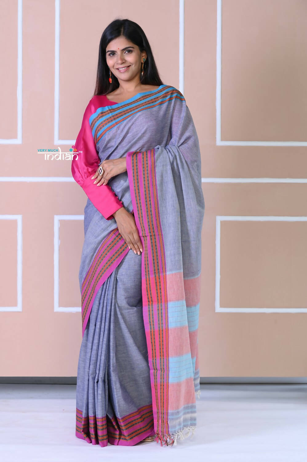 Very Much Indian Patteda Anchu Ilkal Handloom Saree - Heather Purple With Blue Border - Distacart