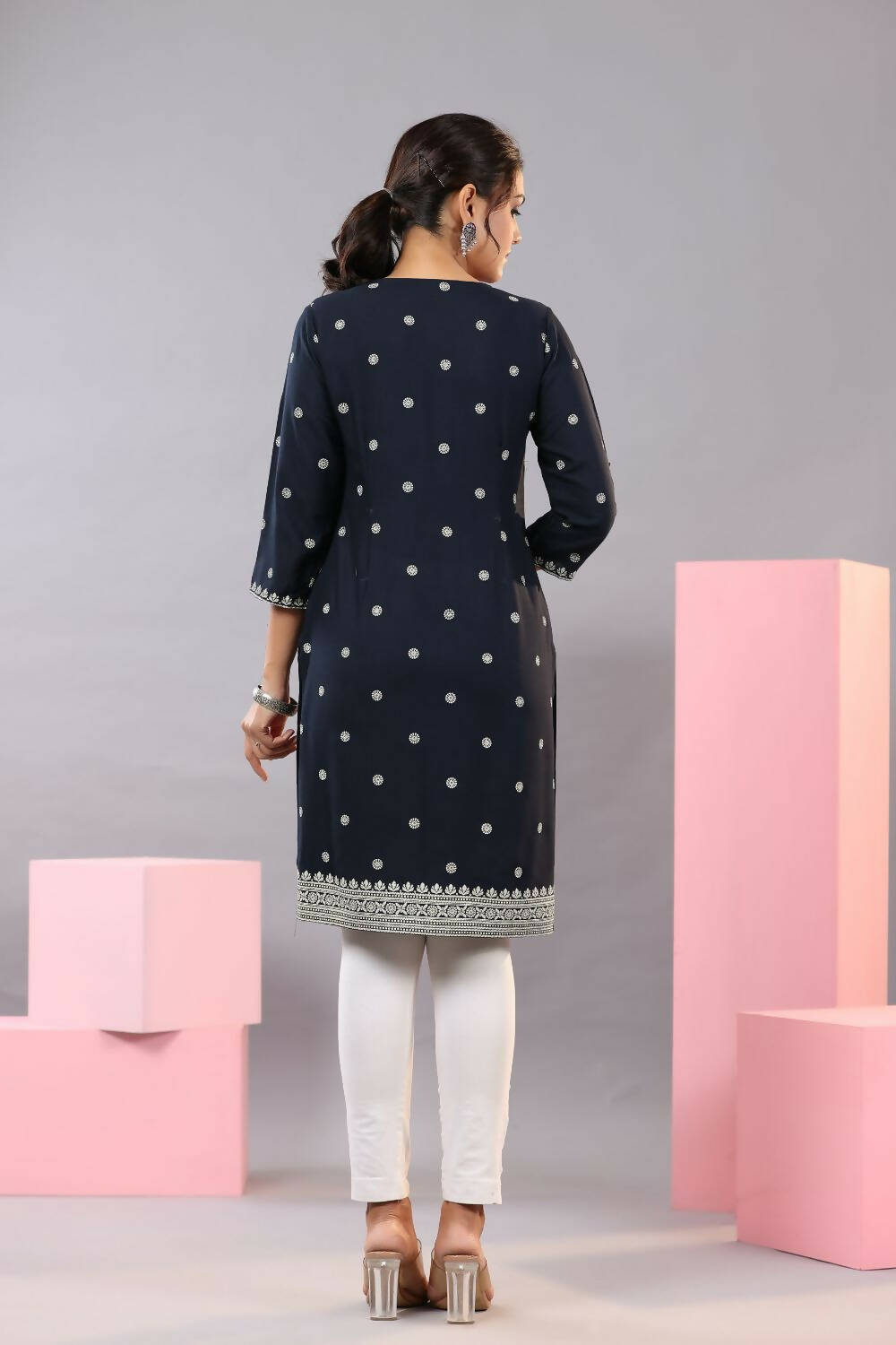 Juniper Women Navy Blue Rayon Printed Knee Length Straight Kurta - Distacart