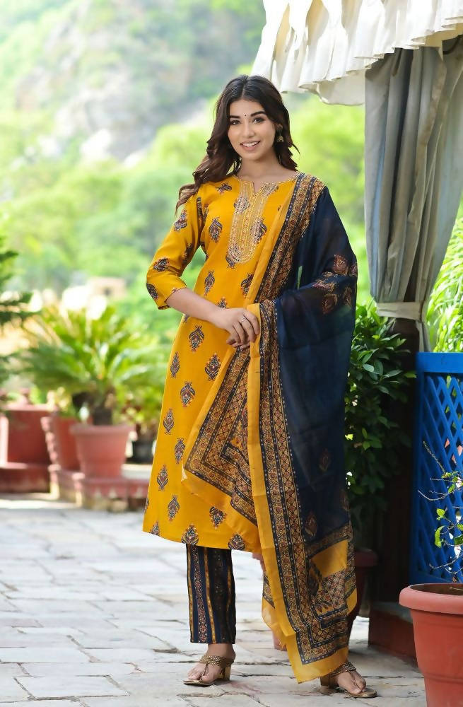 Yufta Women Mustard Yellow & Navy Blue Printed Kurta with Trouser and Dupatta