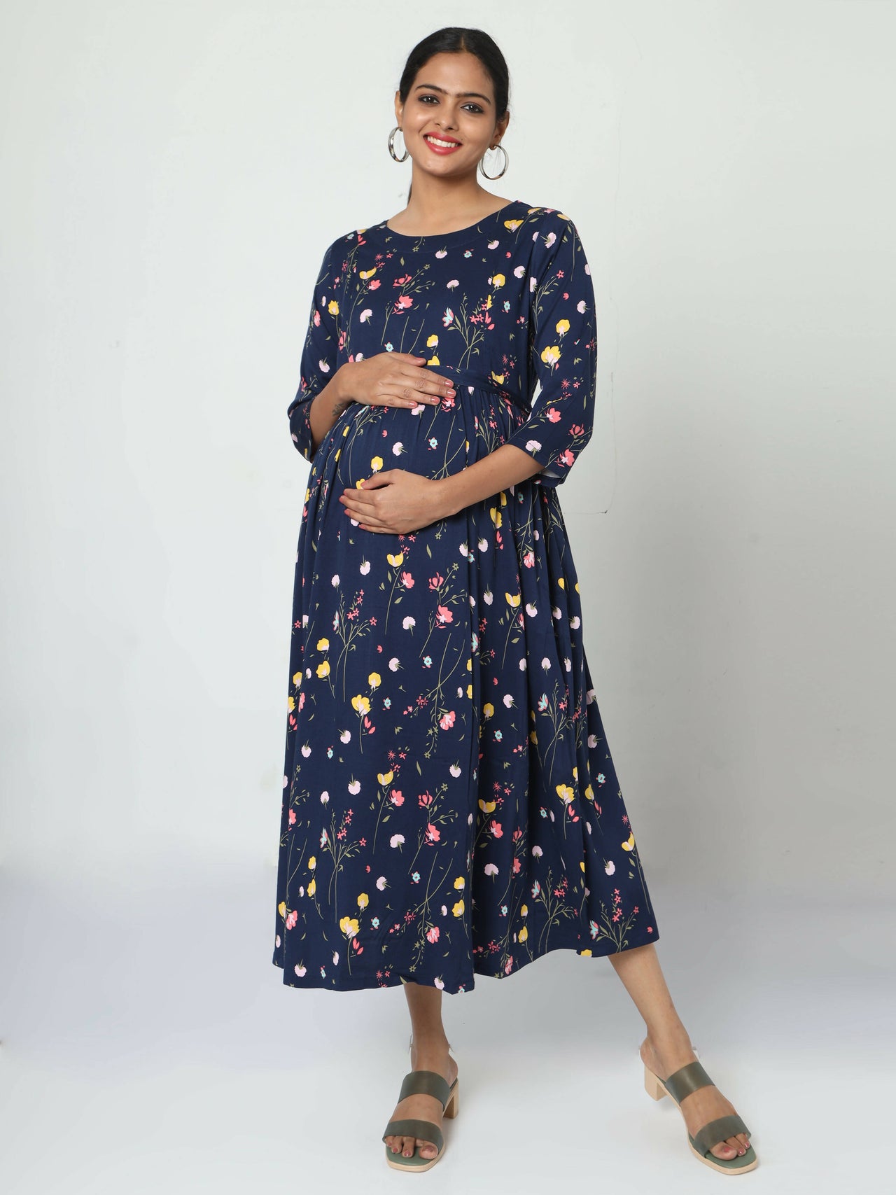 Manet Three Fourth Maternity Dress Floral Print With Concealed Zipper Nursing Access - Navy Blue - Distacart