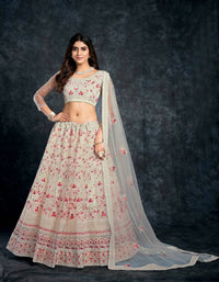 Thumbnail for Aastha Fashion Women's Off White Butterfly Net Thread & Sequins Embroidery Wedding Lehenga Choli - Distacart