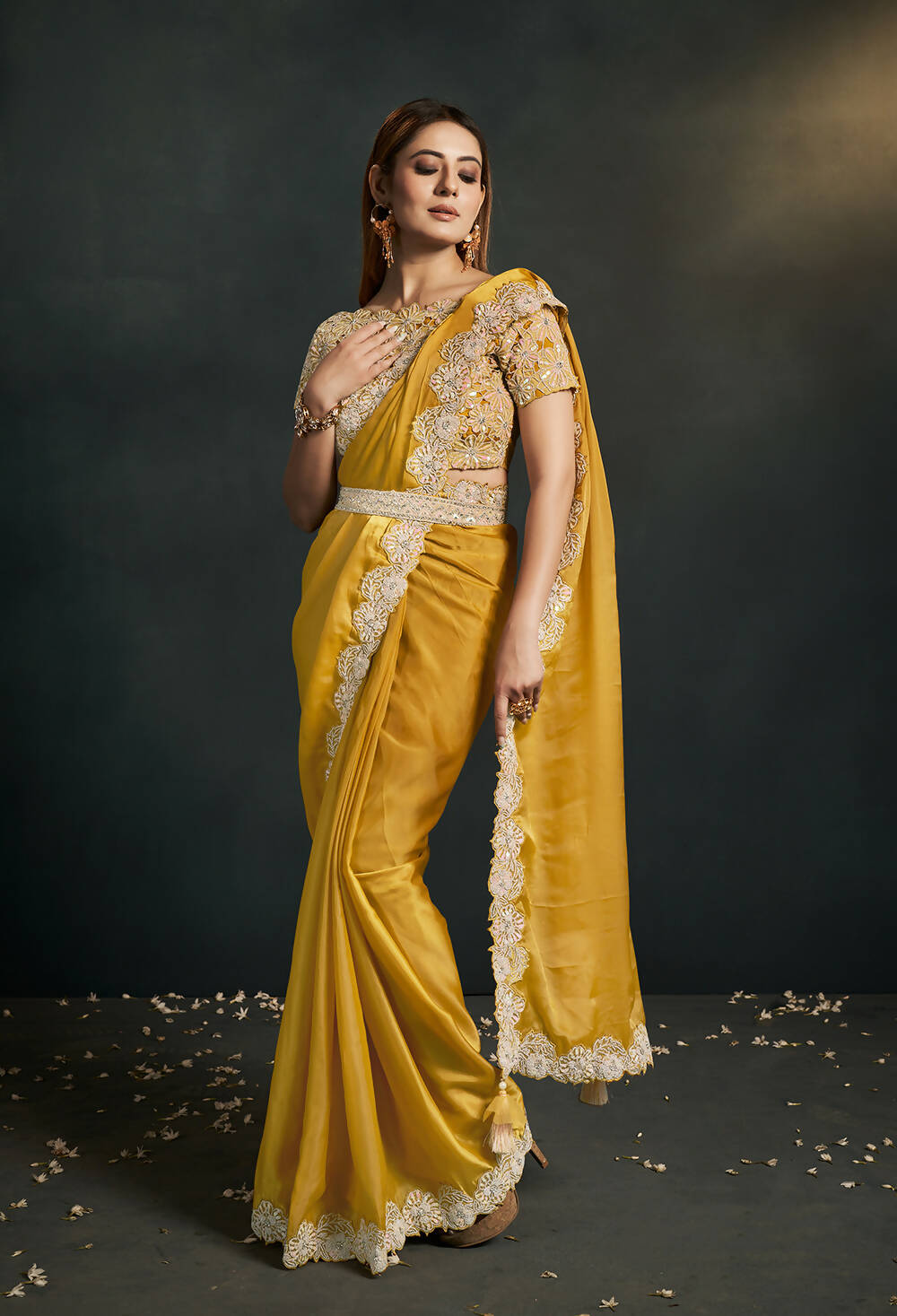 Mustard Organza Silk Crepe Cord Sequence & Thread Embroidered & Stone Work Saree - Moh-Manthan Royal Enigma - Distacart