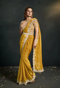 Thumbnail for Mustard Organza Silk Crepe Cord Sequence & Thread Embroidered & Stone Work Saree - Moh-Manthan Royal Enigma - Distacart