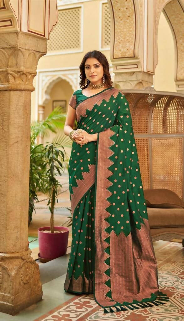 DEIANA'S Beautiful Golden Jari with New Design Soft Lichi Silk Saree - Green - Distacart