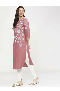 Thumbnail for Cheera Embellished Daily Wear Cotton Blend Kurta - Peach - Distacart