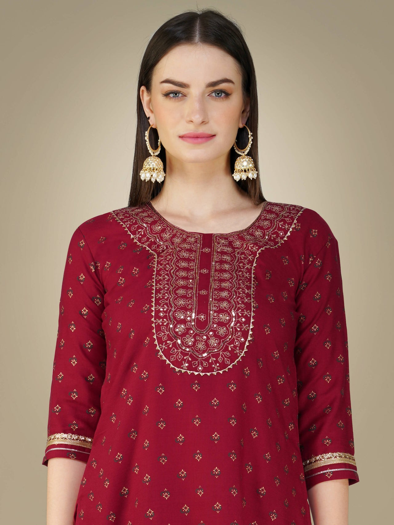 Aastha Fashion Women's Maroon Cotton Magic Slub Embroidery & Sequence Work Kurta with Trouser & Dupatta - Distacart