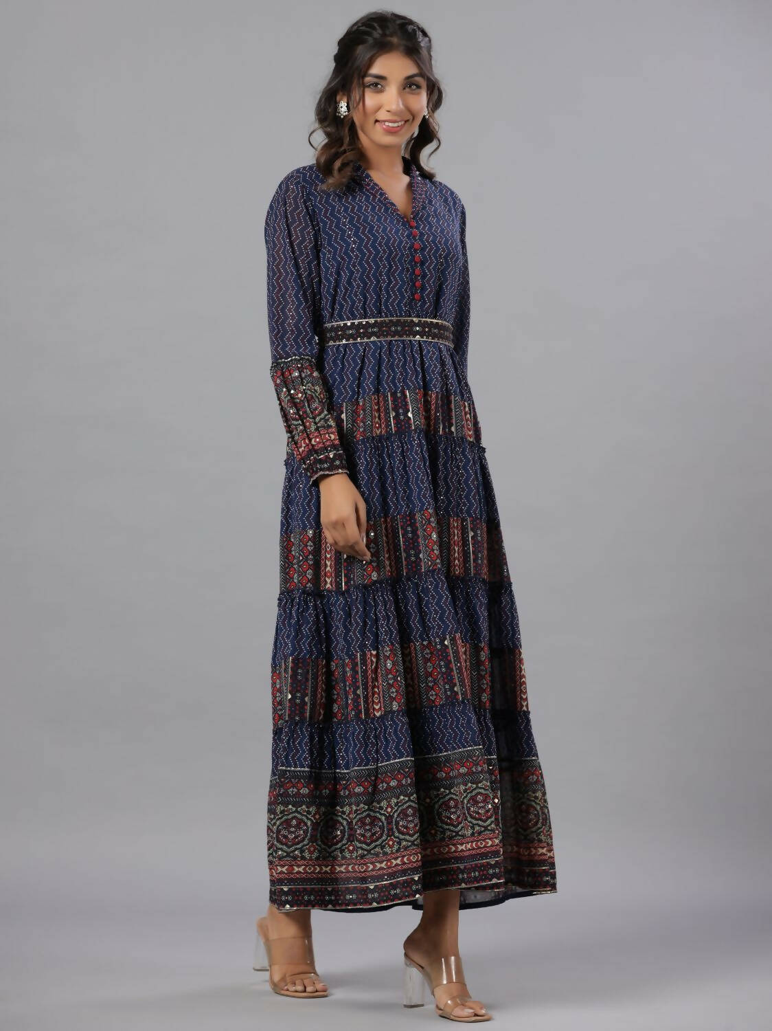 Juniper Women Navy Blue Georgette Printed Tiered Maxi Dress - Distacart