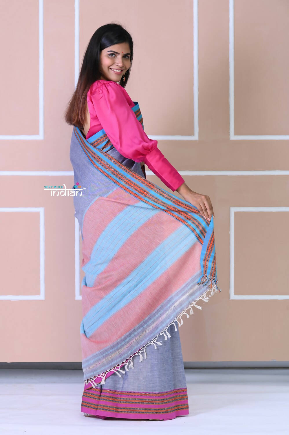 Very Much Indian Patteda Anchu Ilkal Handloom Saree - Heather Purple With Blue Border - Distacart